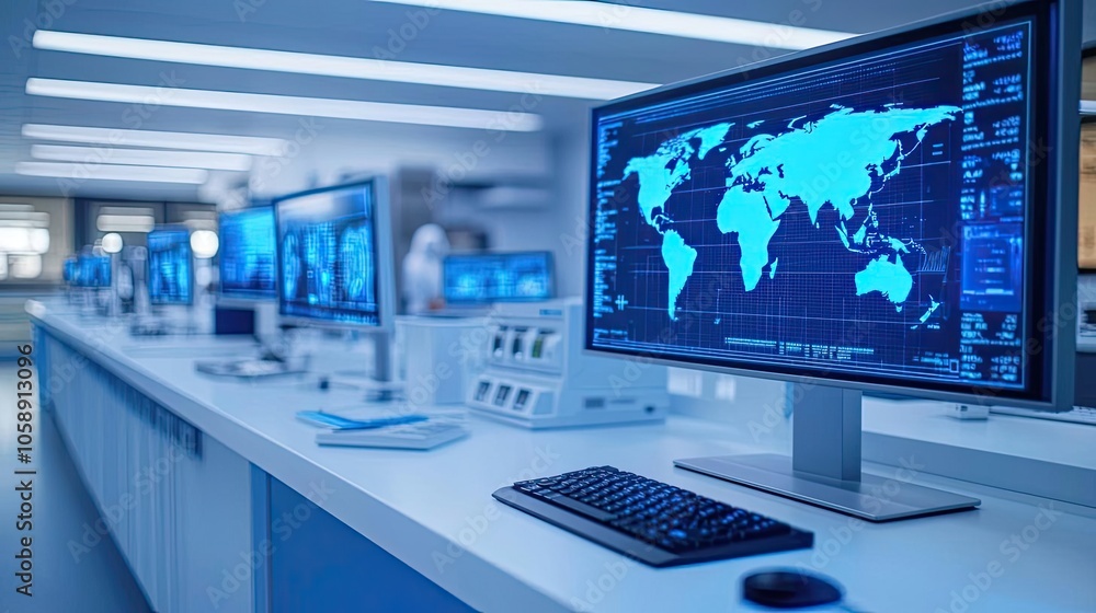 Modern workspace with multiple monitors displaying world maps, blue tones. Modern workspace with multiple monitors displaying world maps, blue tones.