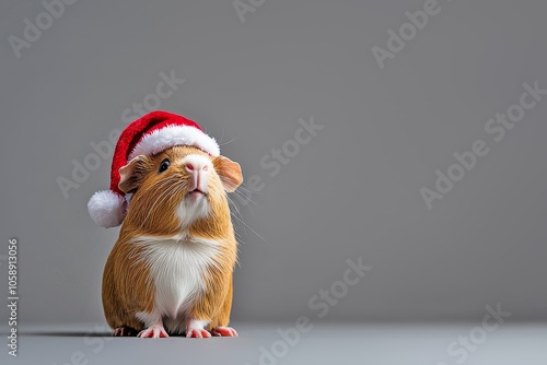 Cute Guinea Pig Wearing Santa Hat Sitting Against Muted Grey Background photo