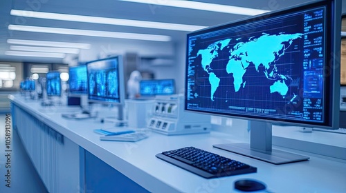 Modern workspace with multiple monitors displaying world maps, blue tones.