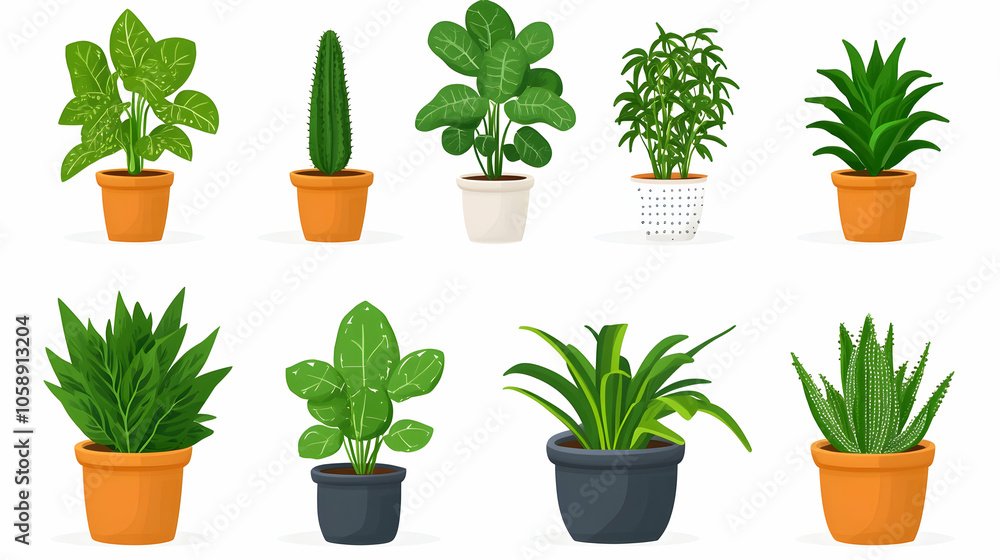 A collection of ten potted plants in various styles. A collection of ten potted plants in various styles.