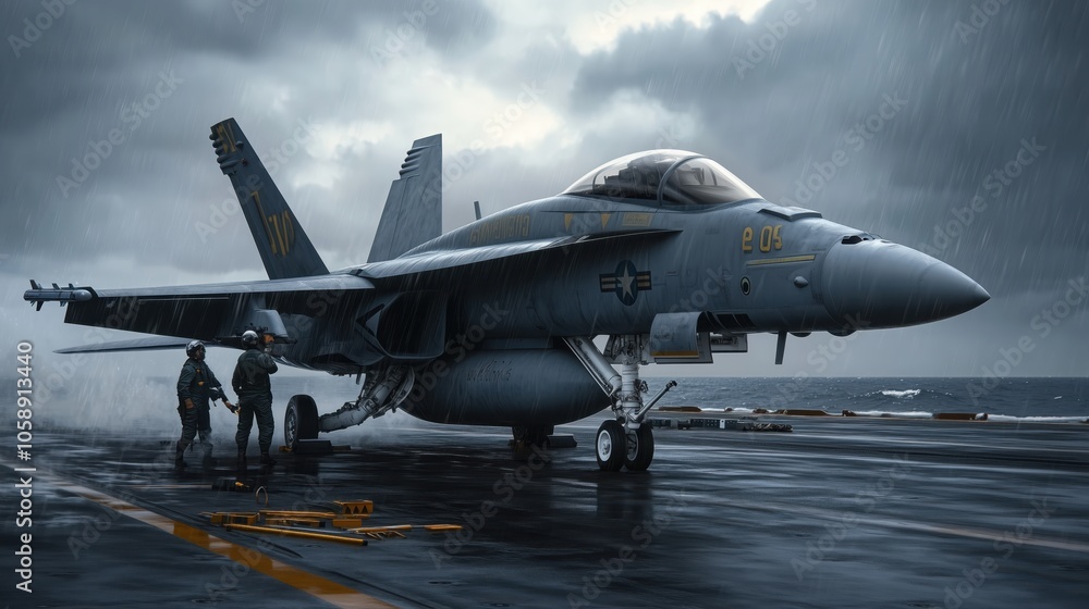 Fighter jet outfitting on aircraft carrier deck under dark clouds with crew members and tools Fighter jet outfitting on aircraft carrier deck under dark clouds with crew members and tools