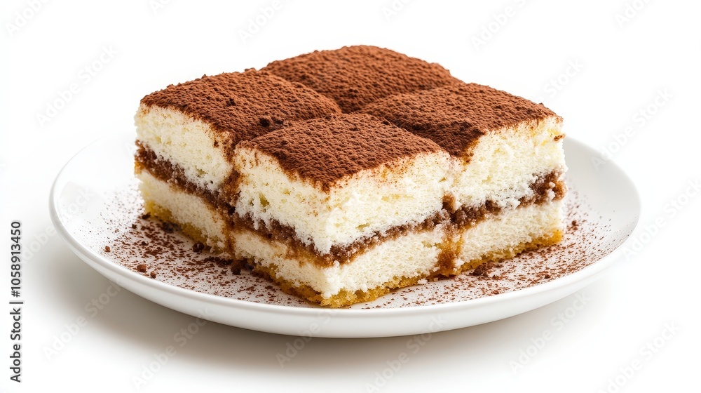Delicious tiramisu cake slice with cocoa topping on white plate Delicious tiramisu cake slice with cocoa topping on white plate