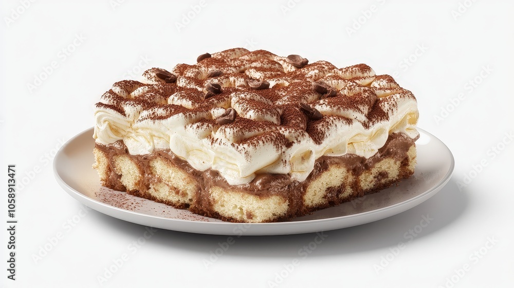 Delicious tiramisu dessert with whipped cream and coffee topping on white plate Delicious tiramisu dessert with whipped cream and coffee topping on white plate