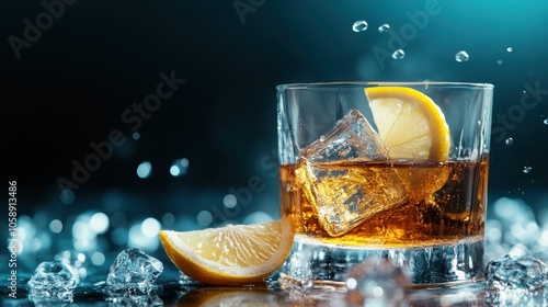 A refreshing beverage featuring a glass filled with amber liquid, ice cubes, and a lemon slice with droplets accenting the coolness, offering a crisp sensory invitation. photo