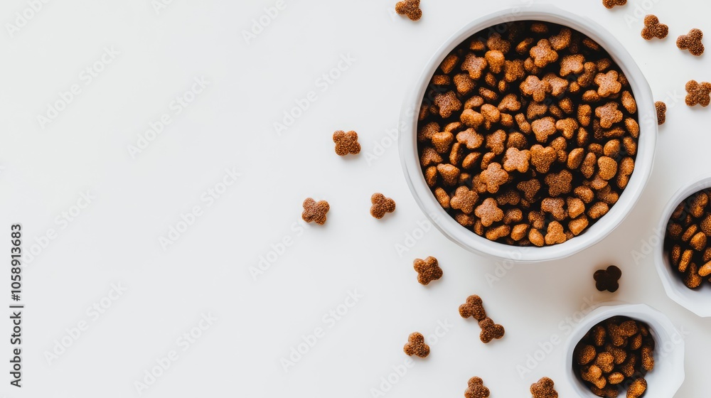 Brown Dog Treats in White Bowls on Light Surface Brown Dog Treats in White Bowls on Light Surface