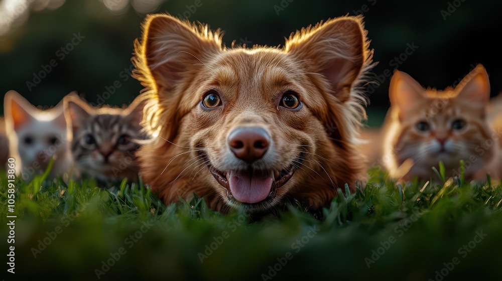 playful scene capturing a group of joyful dogs and cats frolicking in a park, all looking at the camera with smiles under the warm sun, surrounded by lush green grass playful scene capturing a group of joyful dogs and cats frolicking in a park, all looking at the camera with smiles under the warm sun, surrounded by lush green grass