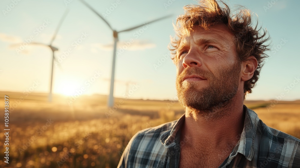 A thoughtful man with a plaid shirt stands in a field, looking contemplatively at wind turbines in the distance, bathed in the warm glow of a setting sun. A thoughtful man with a plaid shirt stands in a field, looking contemplatively at wind turbines in the distance, bathed in the warm glow of a setting sun.