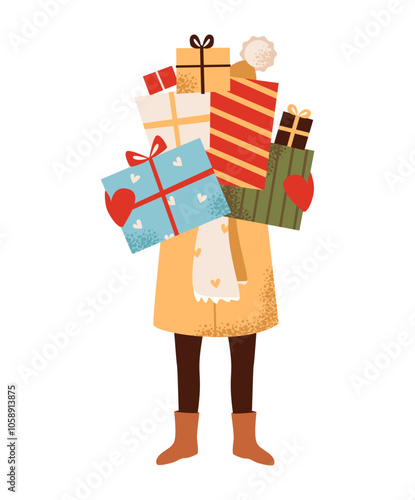 A woman with a stack of gifts in her hands. Holiday character with wrapped surprise boxes. Flat illustration