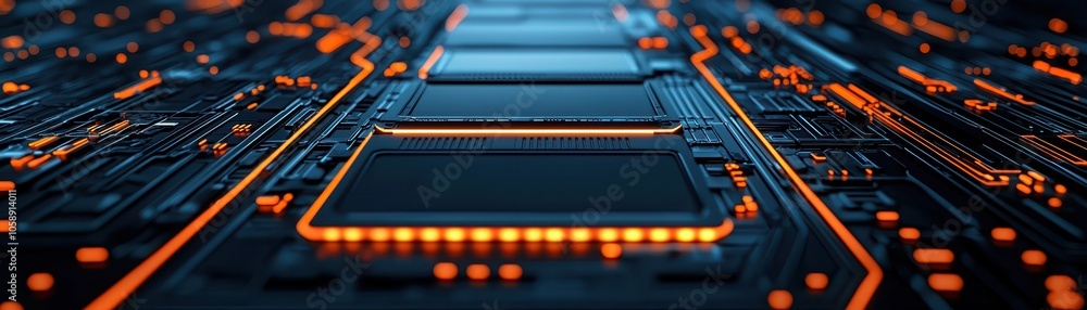 Close-up of computer circuit with glowing lines and connectors on dark background. Close-up of computer circuit with glowing lines and connectors on dark background.