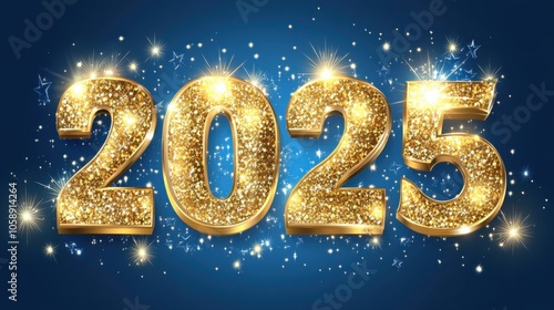 Shiny Gold 2025 Numbers on Blue Background