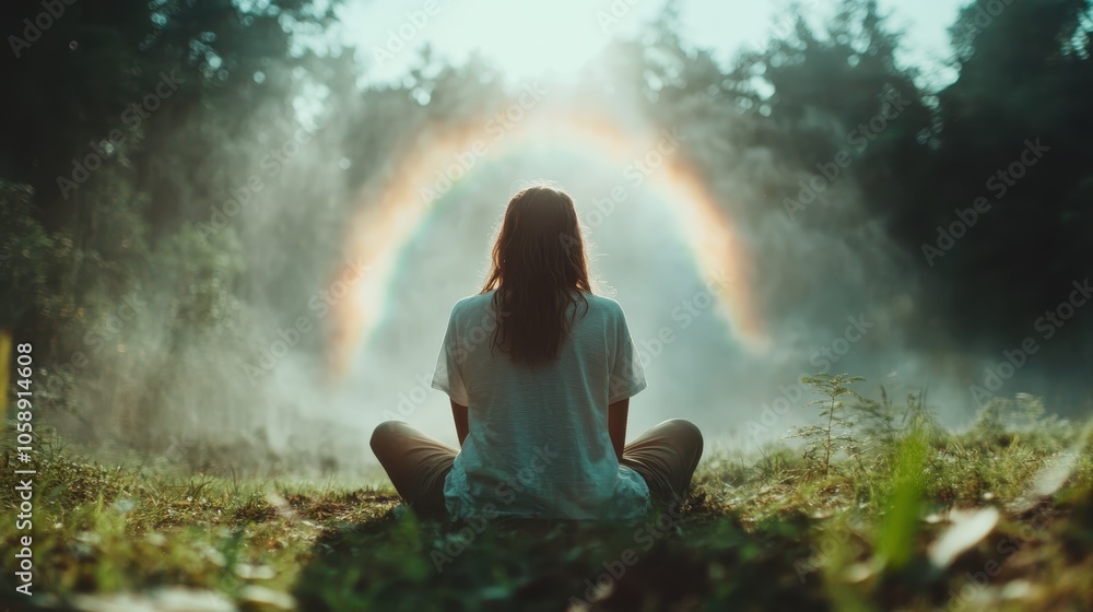 A person meditates facing a vibrant rainbow in misty woods, encapsulating tranquility, inner peace, and the harmony between nature and human spirituality in serene splendor. A person meditates facing a vibrant rainbow in misty woods, encapsulating tranquility, inner peace, and the harmony between nature and human spirituality in serene splendor.