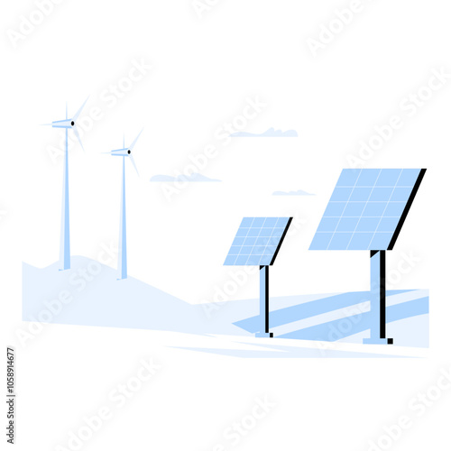 Solar Panels And Wind Turbines On Landscape In Flat Vector Illustration Symbolizing Renewable Energy And Sustainability, Isolated On White Background