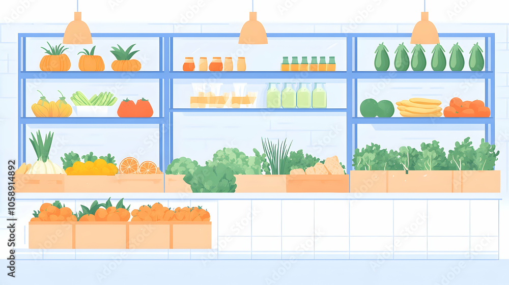 A well-stocked grocery store aisle with fresh produce on shelves. A well-stocked grocery store aisle with fresh produce on shelves.