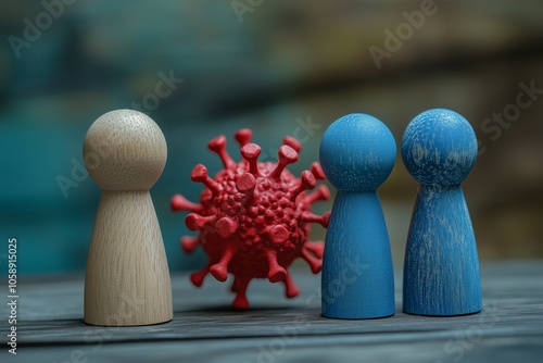 wooden figurines sympolizing covid-19 virus and not infected people around the virus. red figurines are the superspreader and the blue ones are safe because of the distance  photo