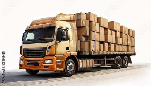 large truck vehicle loaded with plain cardboard boxes and no logo or emblem visible isolated centrally with plain white background. Graphic design resource with copy space and no people.