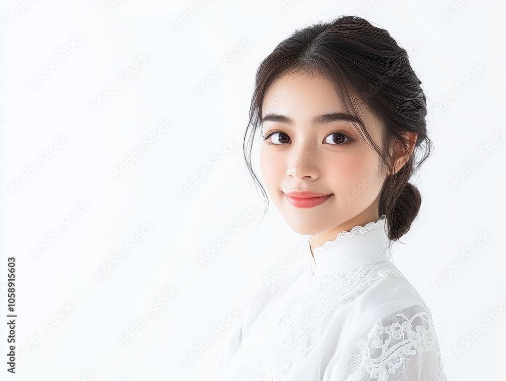 Elegant and Captivating Portrait of a Young Beautiful Thai Woman in a Classic White Outfit Elegant and Captivating Portrait of a Young Beautiful Thai Woman in a Classic White Outfit