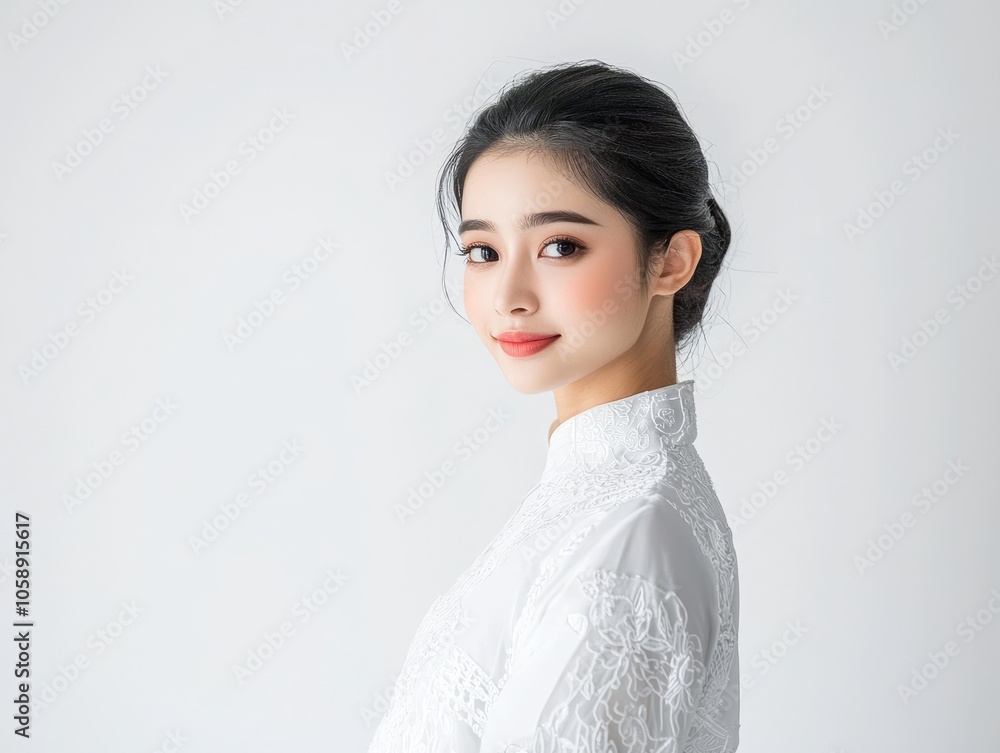 Elegant and Confident Asian Woman Posing in Classic White Outfit Elegant and Confident Asian Woman Posing in Classic White Outfit
