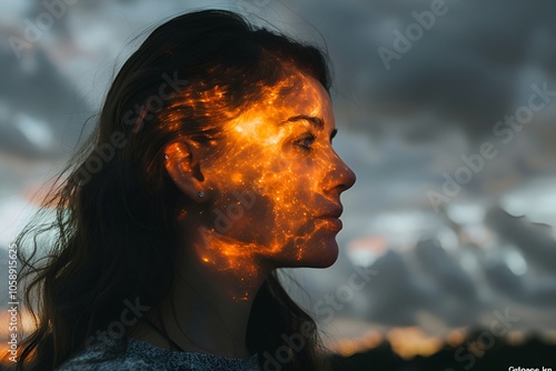 Artistic profile of a woman's face blended with illuminated cosmic elements against a dramatic sky, symbolizing inner reflection and universe connection.