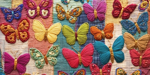 Vibrant embroidery designs featuring butterflies on cloth bring a splash of color and whimsy to the fabric, showcasing beautiful butterfly motifs in various hues. photo