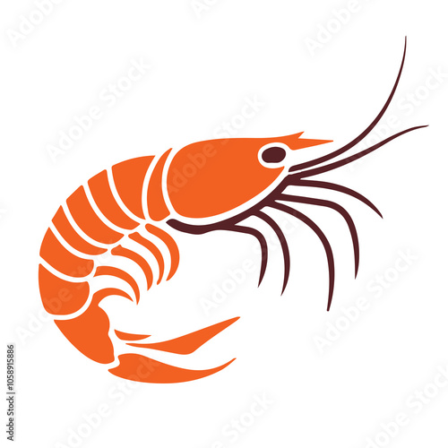 A minimalist-style logo featuring a shrimp in an orange color