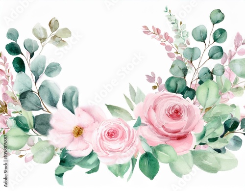 Watercolor floral illustration. Pink flowers and eucalyptus greenery bouquet. Dusty roses, soft light blush peony - border, wreath, frame. Perfect wedding stationary, greetings, fashion, background