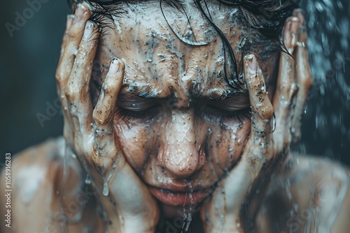 Close-up of person with muddy face, water pouring, emotional expression, hands on head, dramatic scene, nature, and struggle.