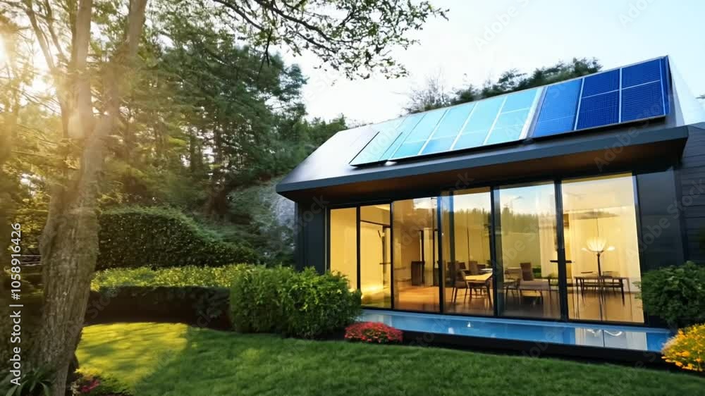 Modern solar-powered house surrounded by lush greenery. Eco-friendly concept Modern solar-powered house surrounded by lush greenery. Eco-friendly concept