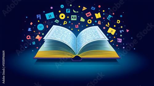 Open book with colorful shapes and letters flying out.