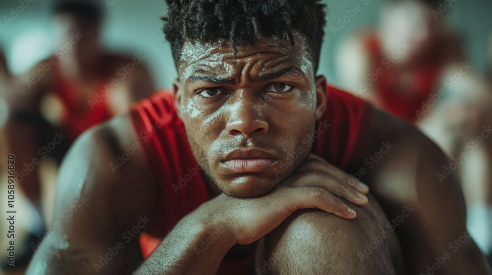 A reflective and sweaty athlete in a red jersey takes a moment to rest and reflect during an intense game, showcasing determination and resilience. A reflective and sweaty athlete in a red jersey takes a moment to rest and reflect during an intense game, showcasing determination and resilience.