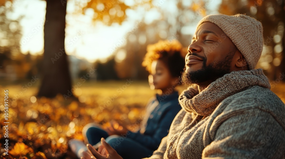 A person meditates outside with a child surrounded by autumn leaves. The warmth of the setting highlights a moment of peace and mindfulness in nature. A person meditates outside with a child surrounded by autumn leaves. The warmth of the setting highlights a moment of peace and mindfulness in nature.