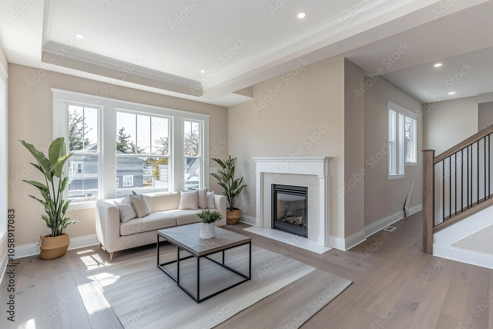 Fototapeta premium Empty living room with on walls and ceiling in newly built house