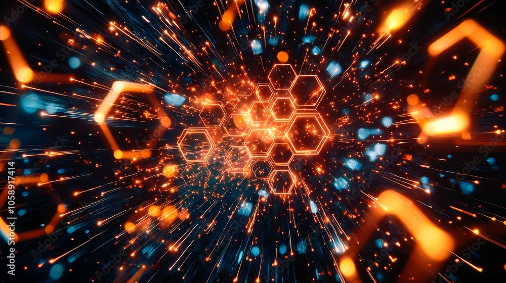 Fototapeta premium Explosion of Vibrant Hexagon Shaped Fireworks in the Night Sky