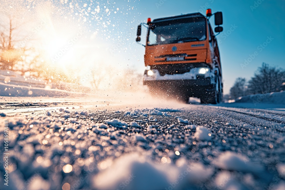 A snowplow sprinkles salt or de-icing chemicals on sidewalks. bright sun. A snowplow sprinkles salt or de-icing chemicals on sidewalks. bright sun.