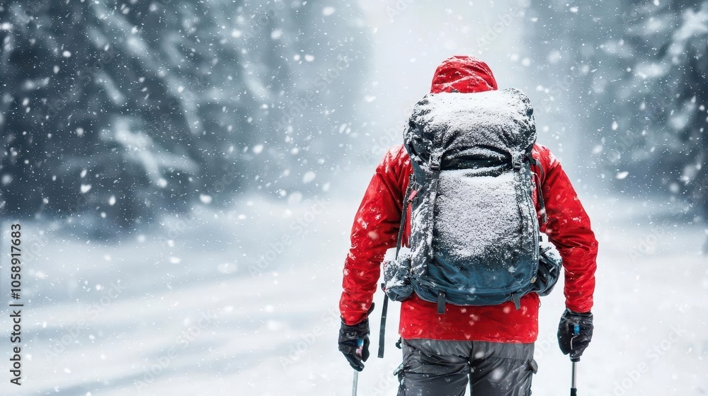 Backpacker trekking through snowstorm, heavy snowfall, sense of endurance in winter wilderness Backpacker trekking through snowstorm, heavy snowfall, sense of endurance in winter wilderness