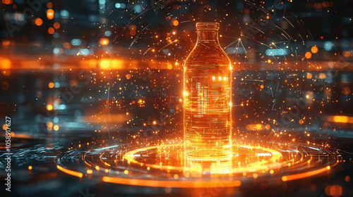 holographic bottle with glowing effects, surrounded by digital elements and sparks, creates futuristic atmosphere. vibrant colors and intricate details enhance its visual appeal