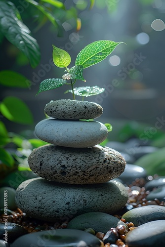 Serene stack of zen stones with a young plant sapling symbolizing balance, growth, and tranquility in a lush natural environment.