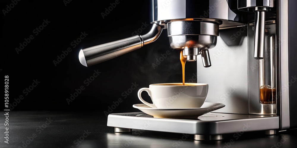 Modern Espresso Machine Brewing Coffee in Stylish White Cup - Black Background Modern Espresso Machine Brewing Coffee in Stylish White Cup - Black Background