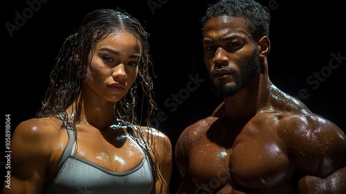 powerful athletic man and woman showcasing their toned physiques against a stark black background, emphasizing strength, fitness, and determination in a gym-themed layout photo