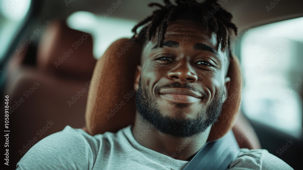 A cheerful young man with a beard sits comfortably in a car seat, fastened with a seatbelt, projecting a calm and confident demeanor. A cheerful young man with a beard sits comfortably in a car seat, fastened with a seatbelt, projecting a calm and confident demeanor.