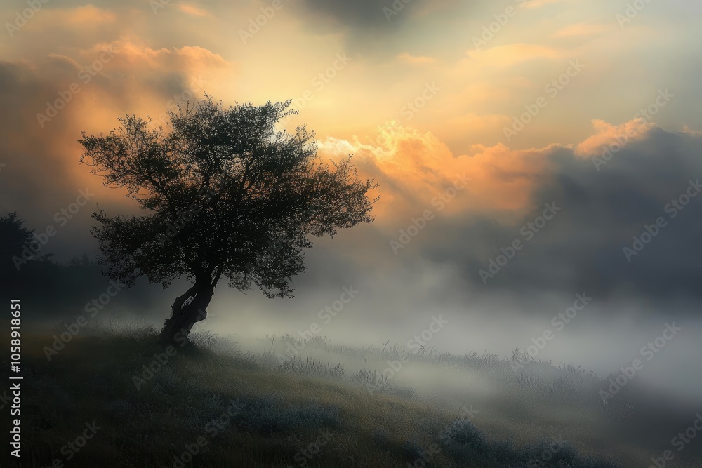 A Solitary Tree Silhouetted Against a Misty Sunrise A Solitary Tree Silhouetted Against a Misty Sunrise