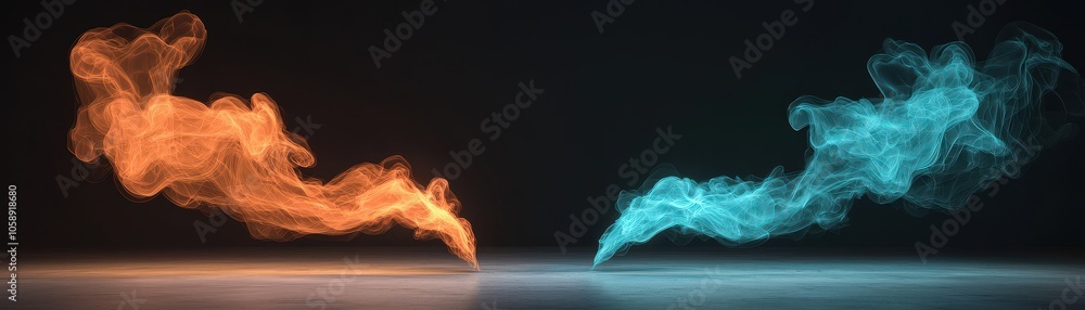 Obraz premium Abstract Blue and Orange Smoke Swirls on Black Background Energy Flow Power Concept