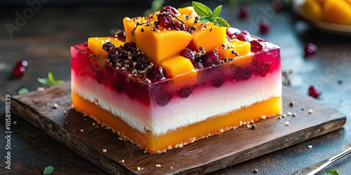 Cessaion, referred to as Cosy or Cloud Nine, is a quick multi layered fruit cake featuring gelatin, Quark or curd cheese, and is garnished with mango and Maulana fruit. photo