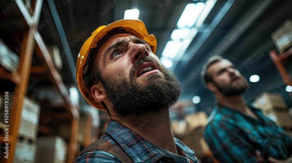 A man in a warehouse wearing a hard hat looks upwards, possibly inspecting something above him. The setting is industrial, with shelves and boxes in the background. A man in a warehouse wearing a hard hat looks upwards, possibly inspecting something above him. The setting is industrial, with shelves and boxes in the background.
