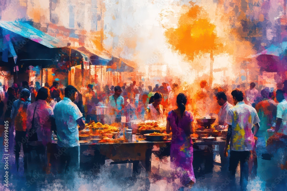 Vibrant scene of people enjoying Holi street food and snacks. Vibrant scene of people enjoying Holi street food and snacks.