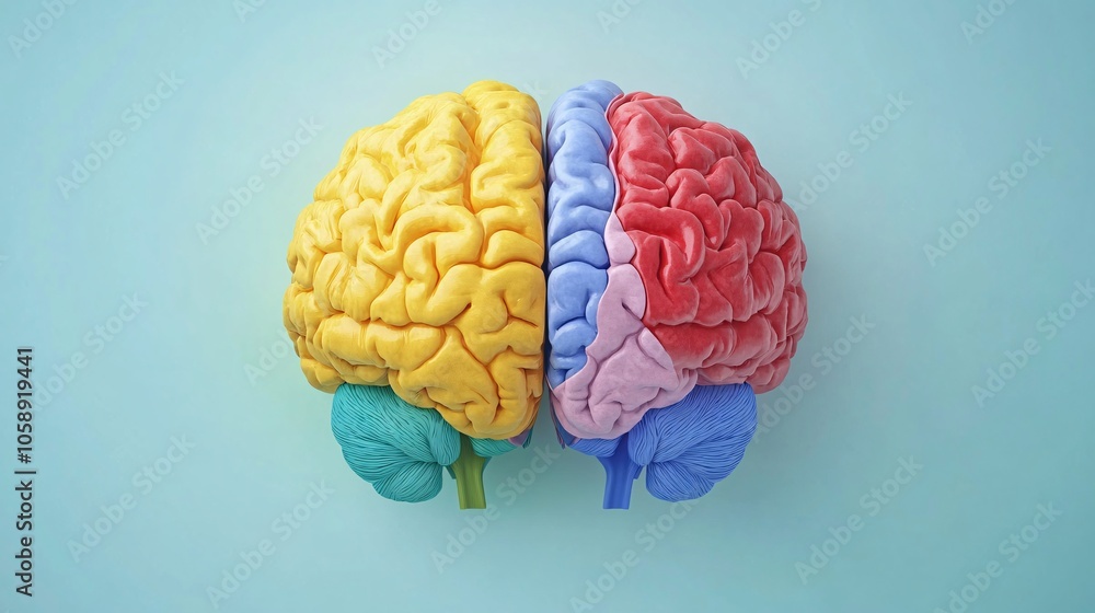 Detailed 3D rendering showing surgical access areas with color-coded brain sections for educational use with copy space for text Detailed 3D rendering showing surgical access areas with color-coded brain sections for educational use with copy space for text