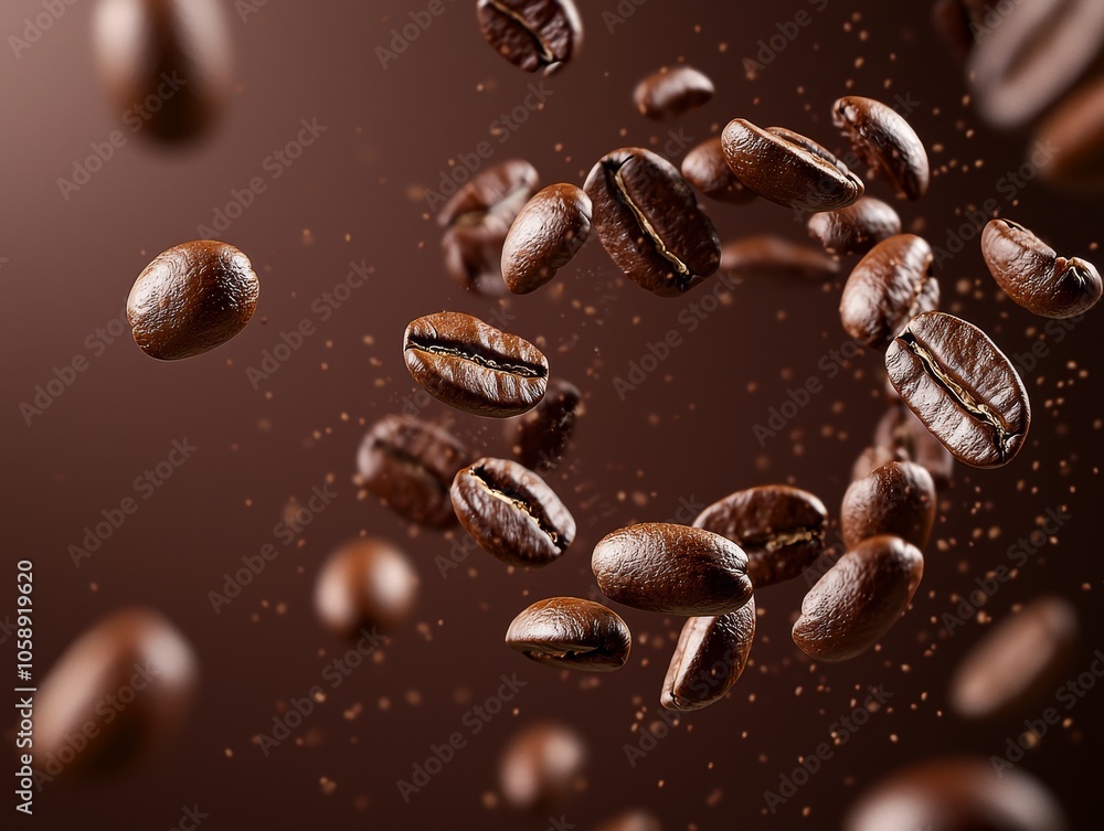 Flying Coffee Beans in Circular Pattern Creating Dynamic Movement and Texture Flying Coffee Beans in Circular Pattern Creating Dynamic Movement and Texture