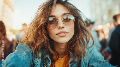 A young woman with tousled hair and sunglasses poses confidently, wearing a denim jacket. The street is filled with soft, sunny lights and an urban atmosphere.