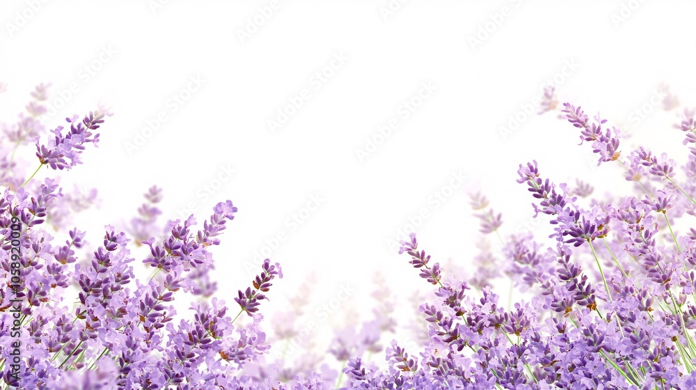 Naklejka premium A border of purple lavender flowers on a white background with room for text. Generative ai
