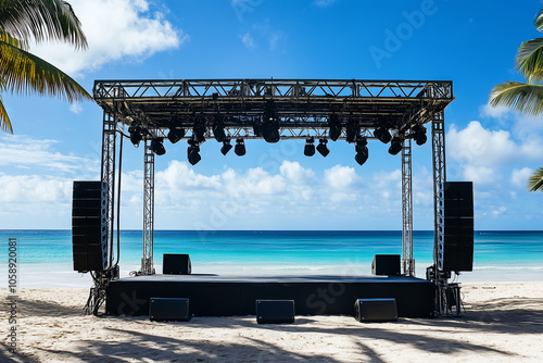 Fototapeta Naklejka Na Ścianę i Meble -  Outdoor concert stage on the beach with blue sky