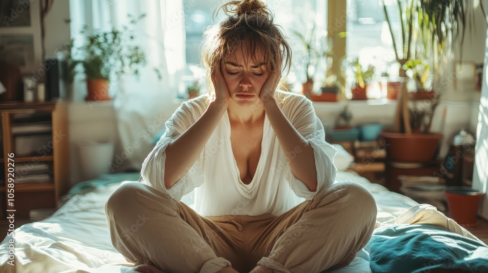 A young woman, appearing stressed or tired, sits on her bed with eyes closed, hands on her face, surrounded by potted plants and soft morning light filtering through.